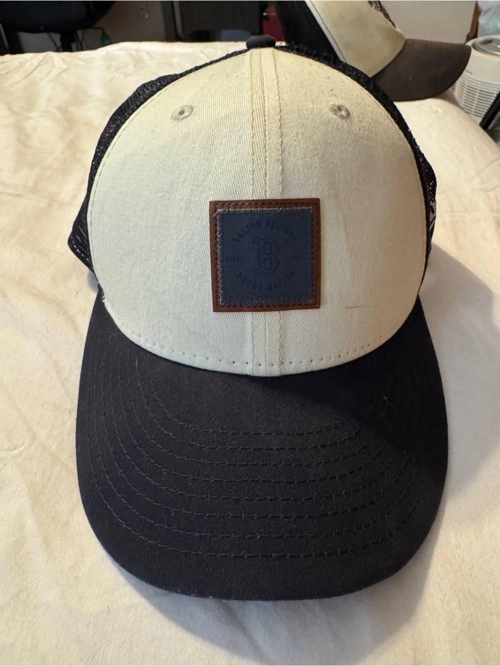 Boston Red Sox Two-Tone Beige and Black Trucker Hat with Leather Patch